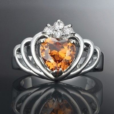 Stunning Rhodium Plated Champagne Crown Heart Ring - US Size 7