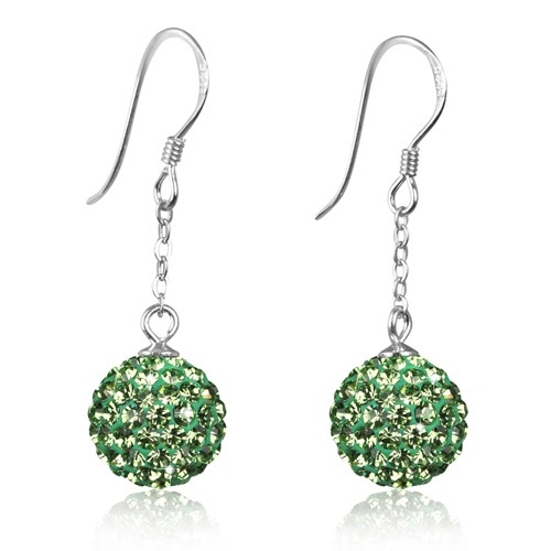 White/Light Green Crystal Disco Ball Earrings with 925 Sterling Silver