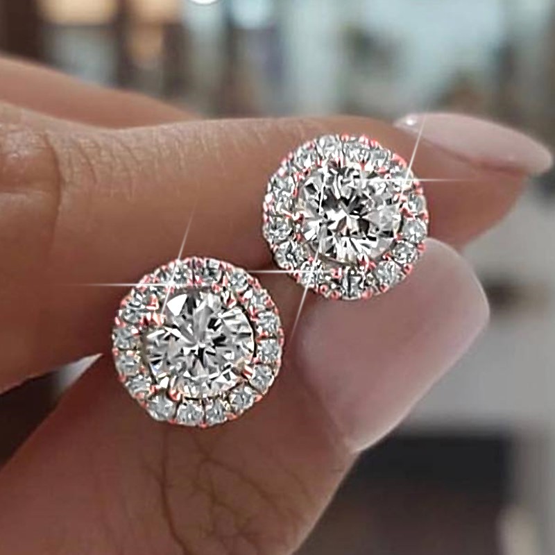 Stunning Round Simulated Diamond Bridal Stud Earrings in Rose