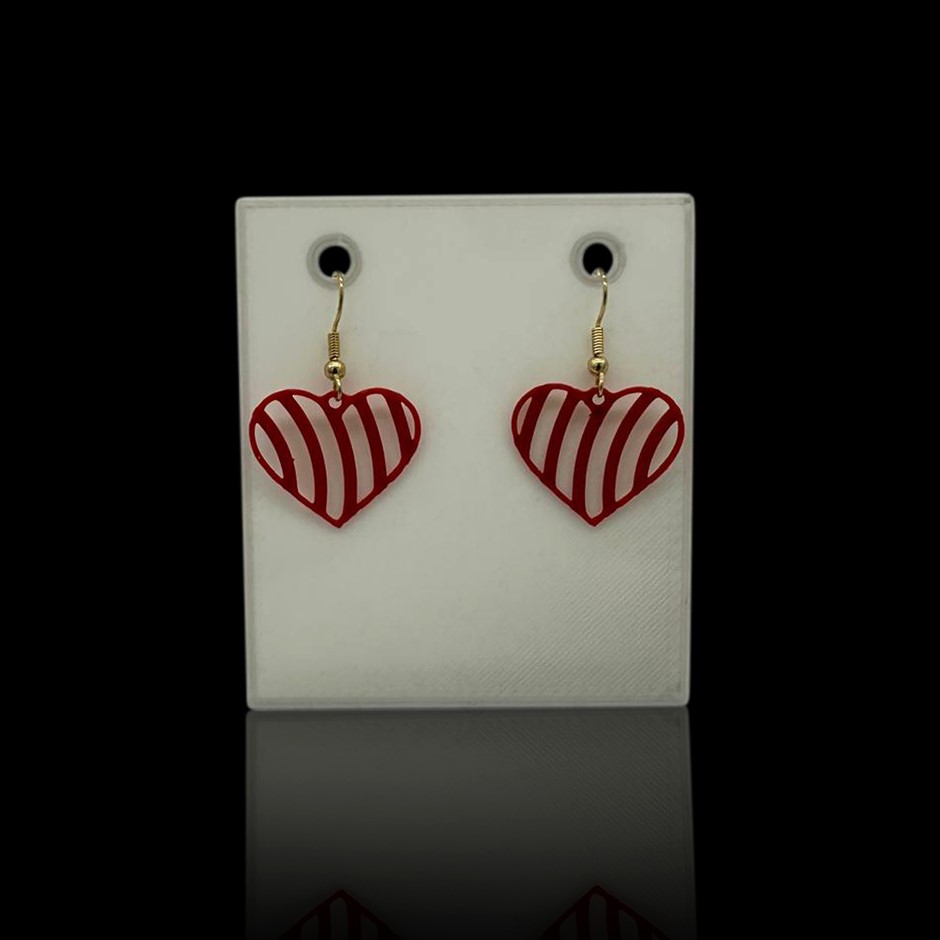 Stunning Love Heart Patterned Red Dangle Earrings in Gold