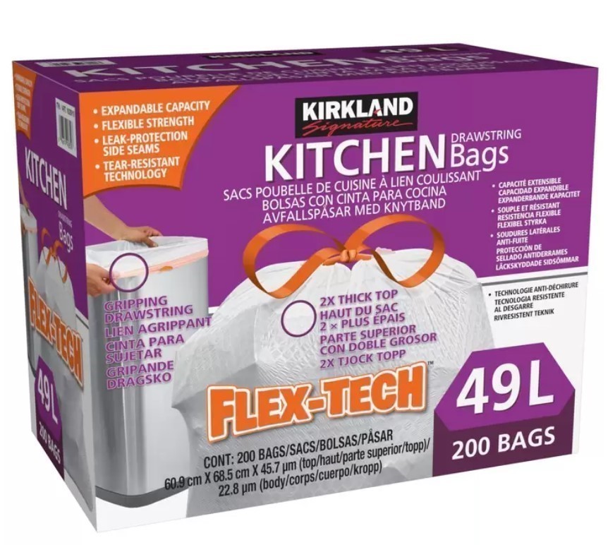 KIRKLAND Signature Drawstring Garbage Bags 49L x 200 Count. NB: Damaged Box