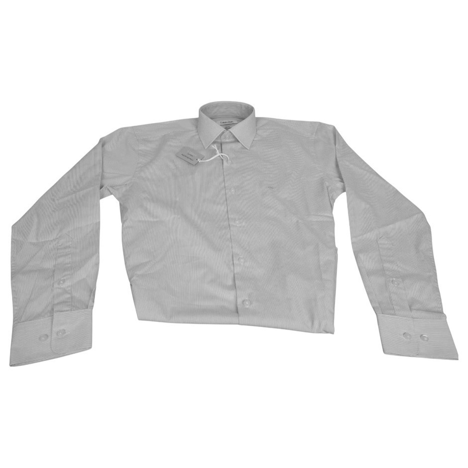 CALVIN KLEIN Men's Slim Fit Shirt, Size 43/92, 60% Cotton, Black/Stripe (VB