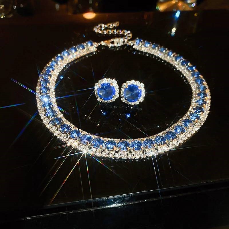 Designer Simulated Diamond Blue Choker Necklace & Earring Set in Silver