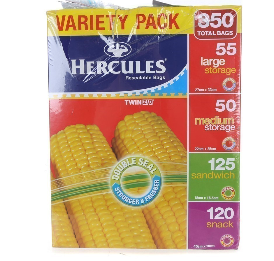 HERCULES Click Zip (Variety Box) Resealable Bags 350pk. N.B. Damaged packag
