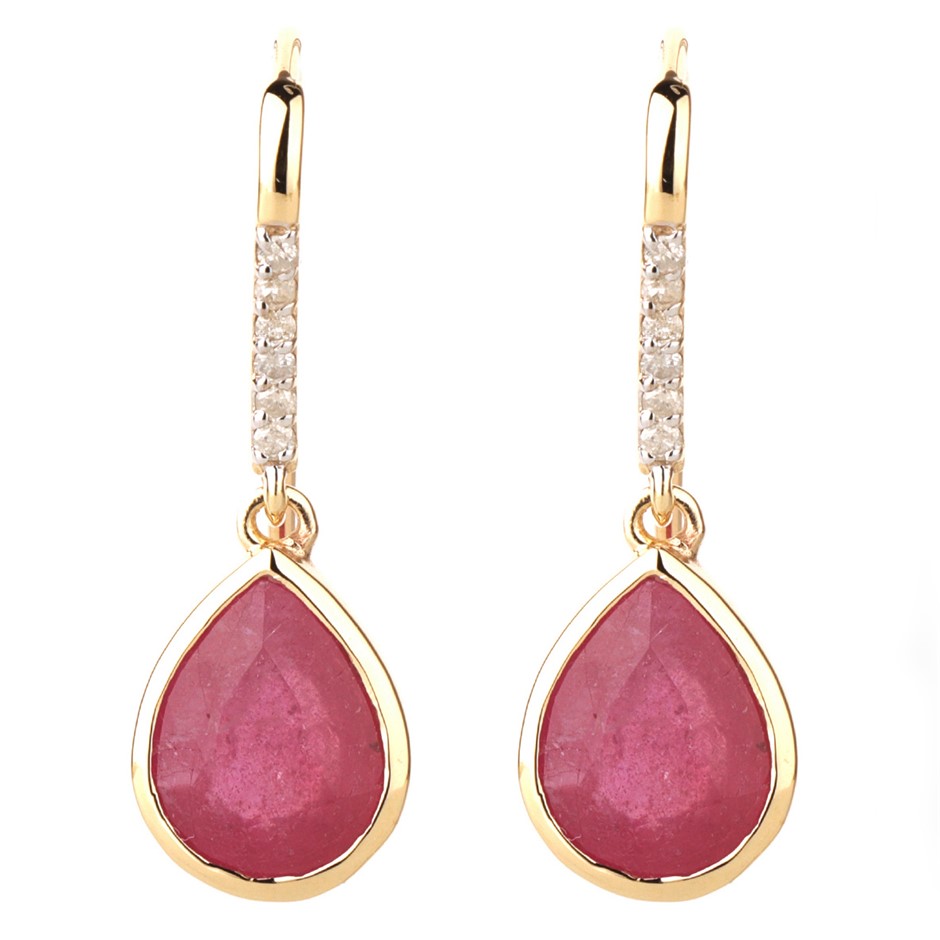 Yellow Gold Natural Ruby & Diamond Earrings with Valuation