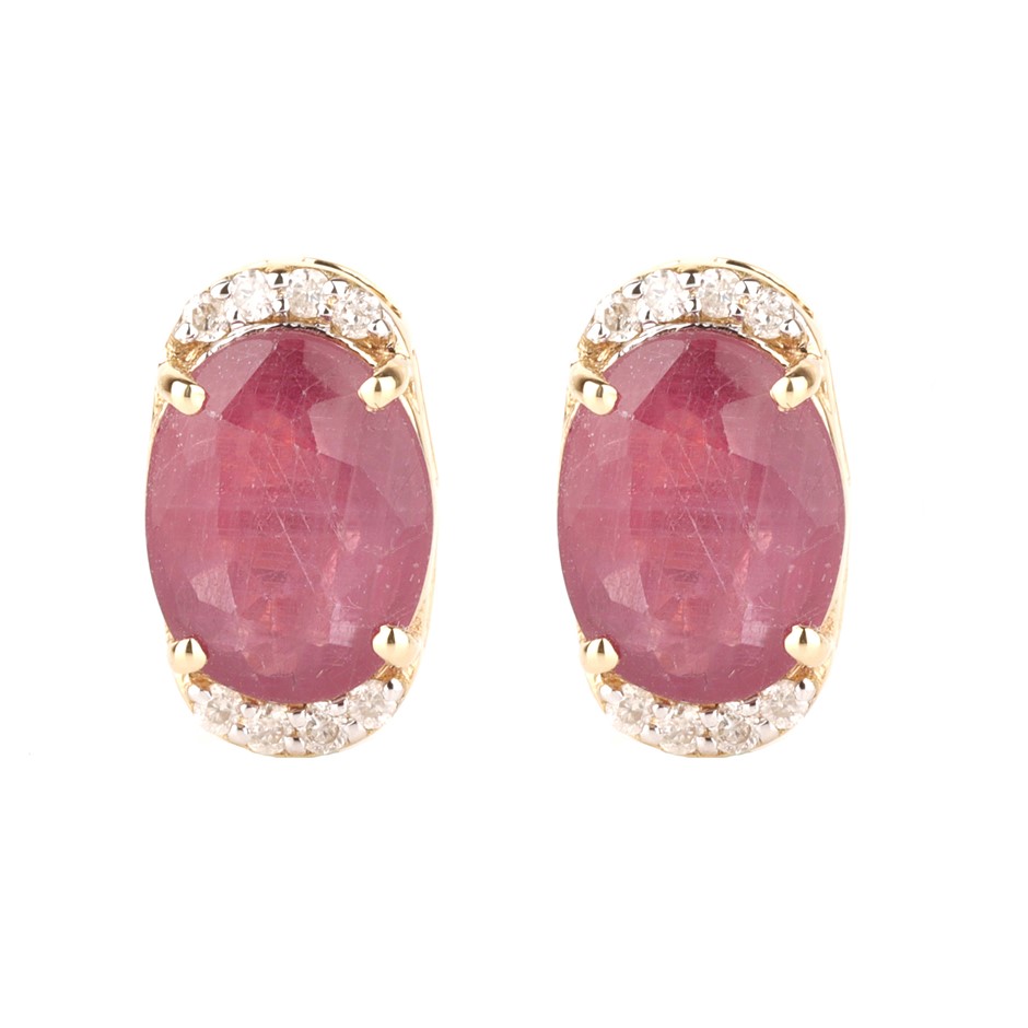 Yellow Gold Natural Ruby & Diamond Earrings with Valuation