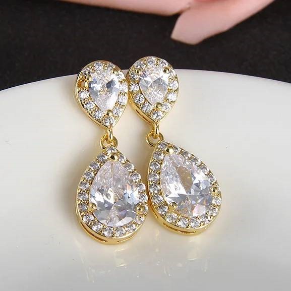 Designer Simulated Diamond Teardrop Earrings in Gold