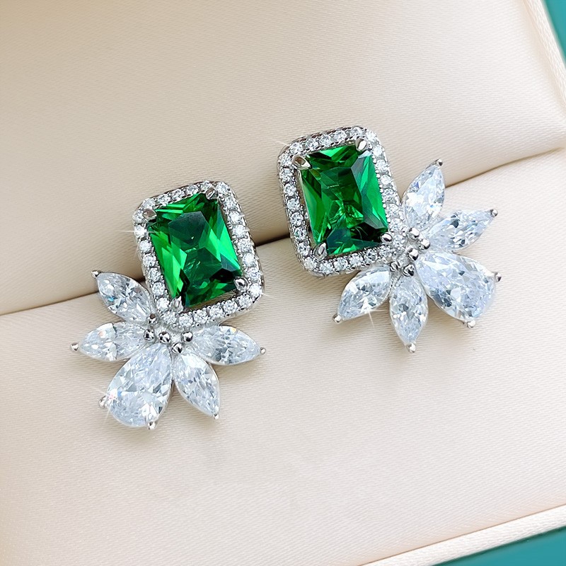 Designer Simulated Diamond Rectangle Green Bridal Earrings in Silver
