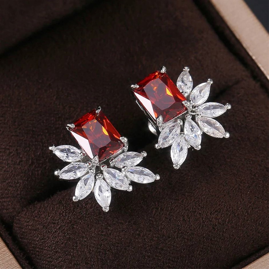 Designer Simulated Diamond Red Bridal Earrings in Silver