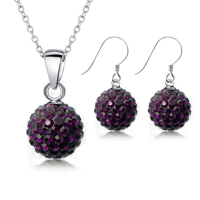 925 Sterling Dark Purple Crystal Disco Ball Earring & Necklace Set