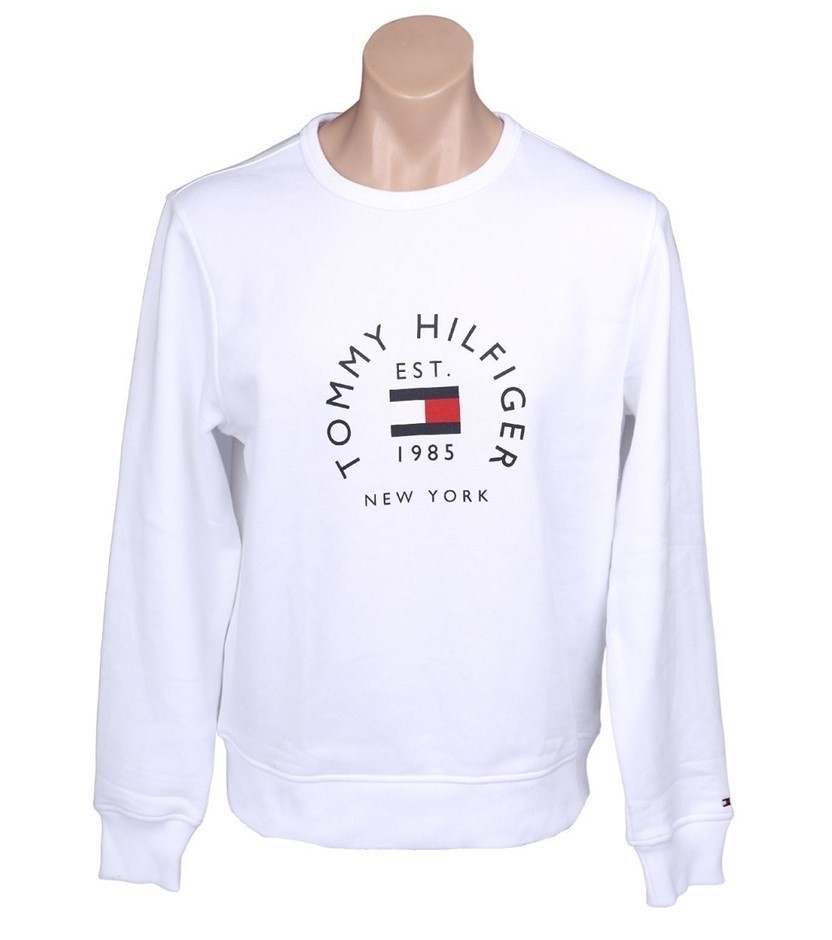TOMMY HILFIGER Men's Flag Arch Crewneck, Size 2XL, 72% Cotton, Optic White