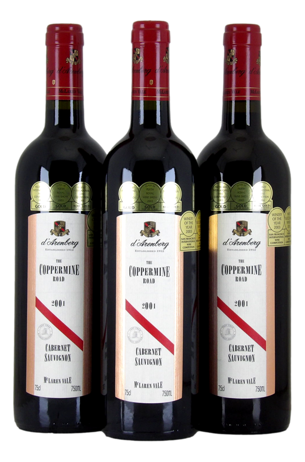 d`Arenberg The Coppermine Rd Cab Sauv 2001 (3x 750mL), McLaren Vale 5* Prov