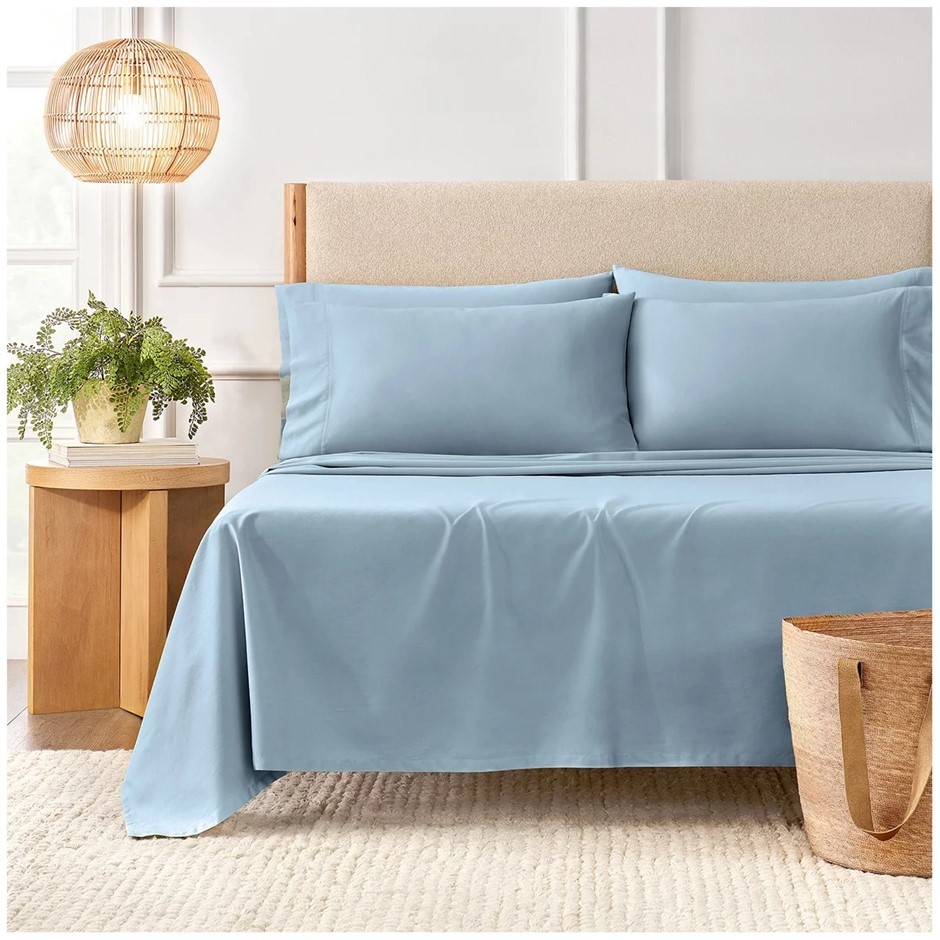 PURELY ORGANIC 300TC Cotton 4-Piece Bed Sheet Set, Size Queen, Pale Blue. N