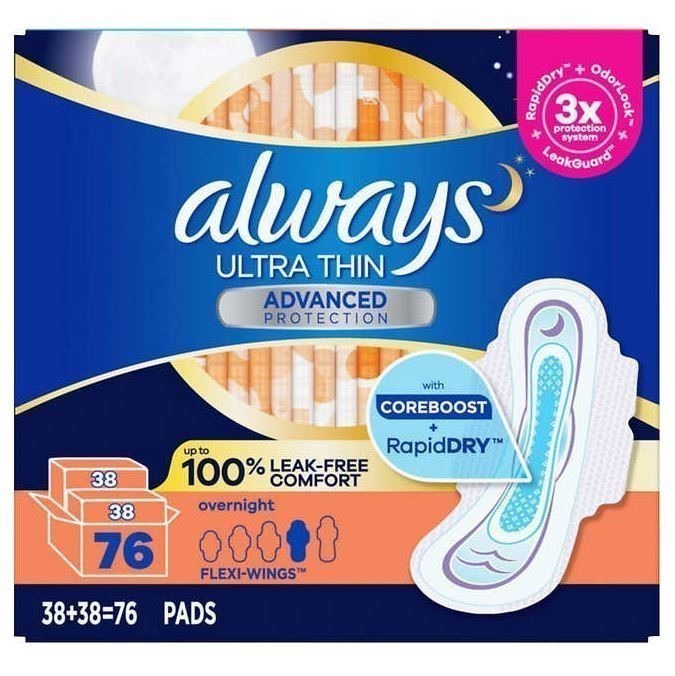 ALWAYS 76pk Ultra Thin Overnight Pads w/ Wings. N.B: Not in original box.