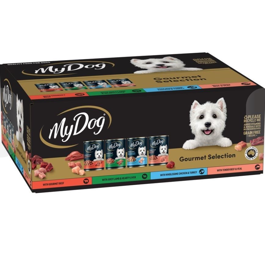 12 Cans x MY DOG Gourmet Selection, 400g. N.B: Damaged packaging.
