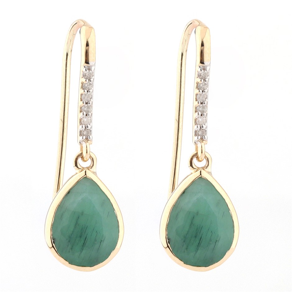 Yellow Gold Natural Emerald & Diamond Earrings with Valuation