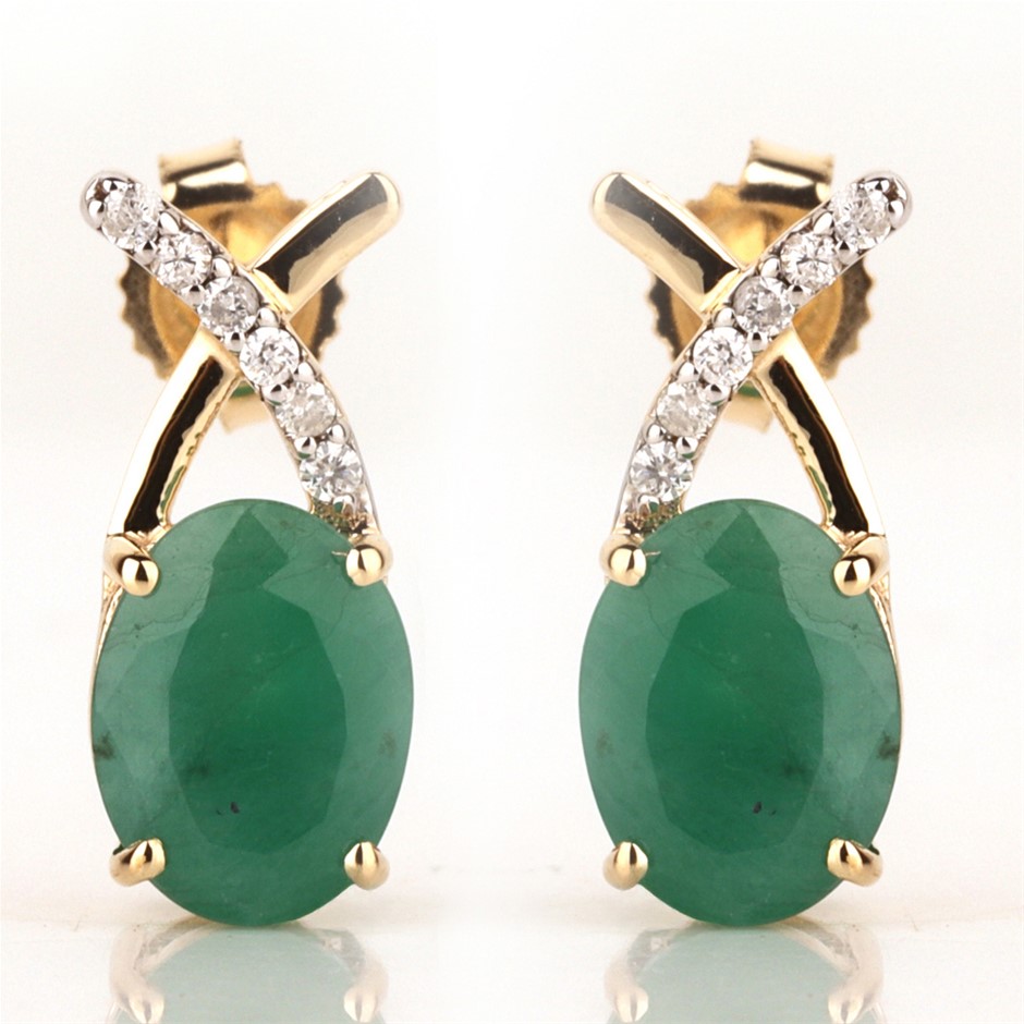 Yellow Gold Natural Emerald & Diamond Earrings with Valuation