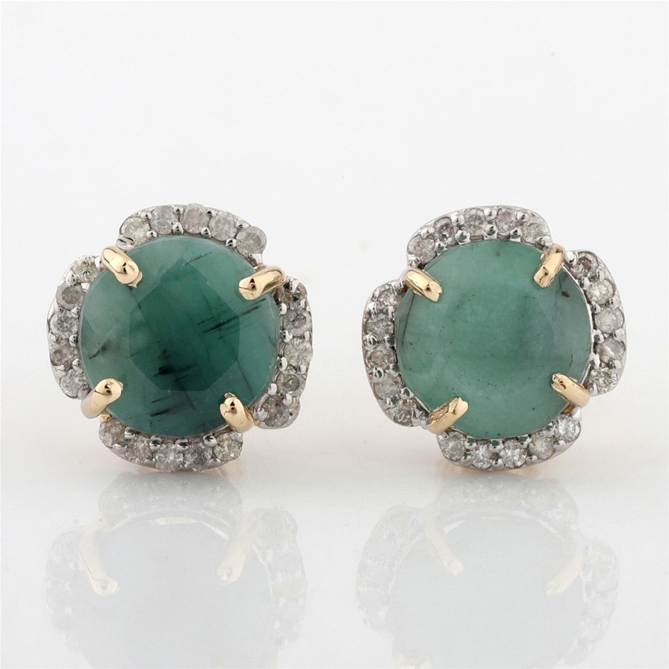 Yellow Gold Natural Emerald & Diamond Earrings  with Valuation