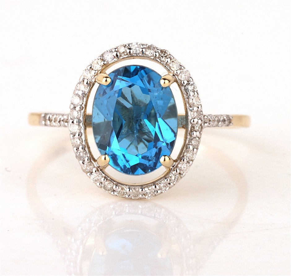 Yellow Gold Natural Swiss Blue Topaz & Diamond Ring  with Valuation