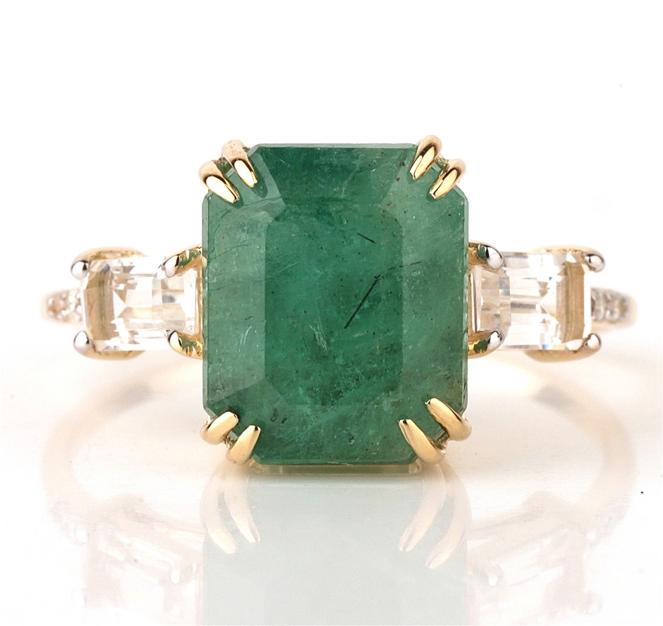 Yellow Gold Natural Emerald  & Diamond Ring  with Valuation