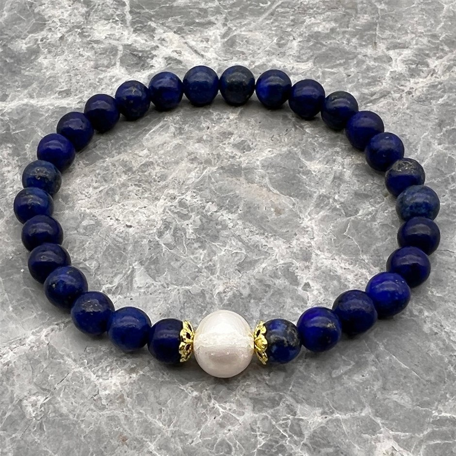 10mm White Pearls with Lapis Lazuli Gemstone Bracelet