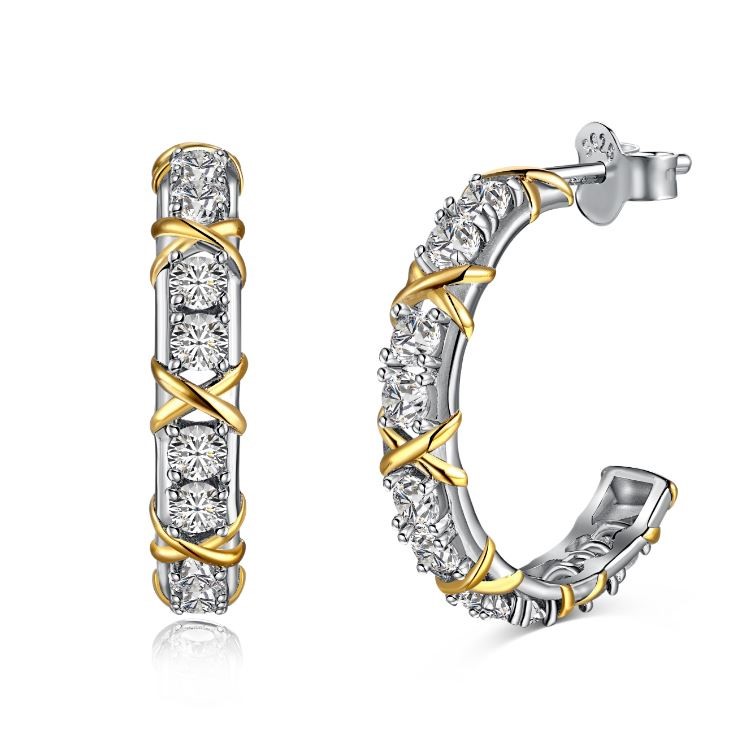 925 Sterling Silver Simulated Diamonds Round Hoop Earrings