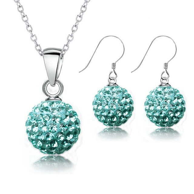 925 Sterling Lake Blue Crystal Disco Ball Earring & Necklace Set