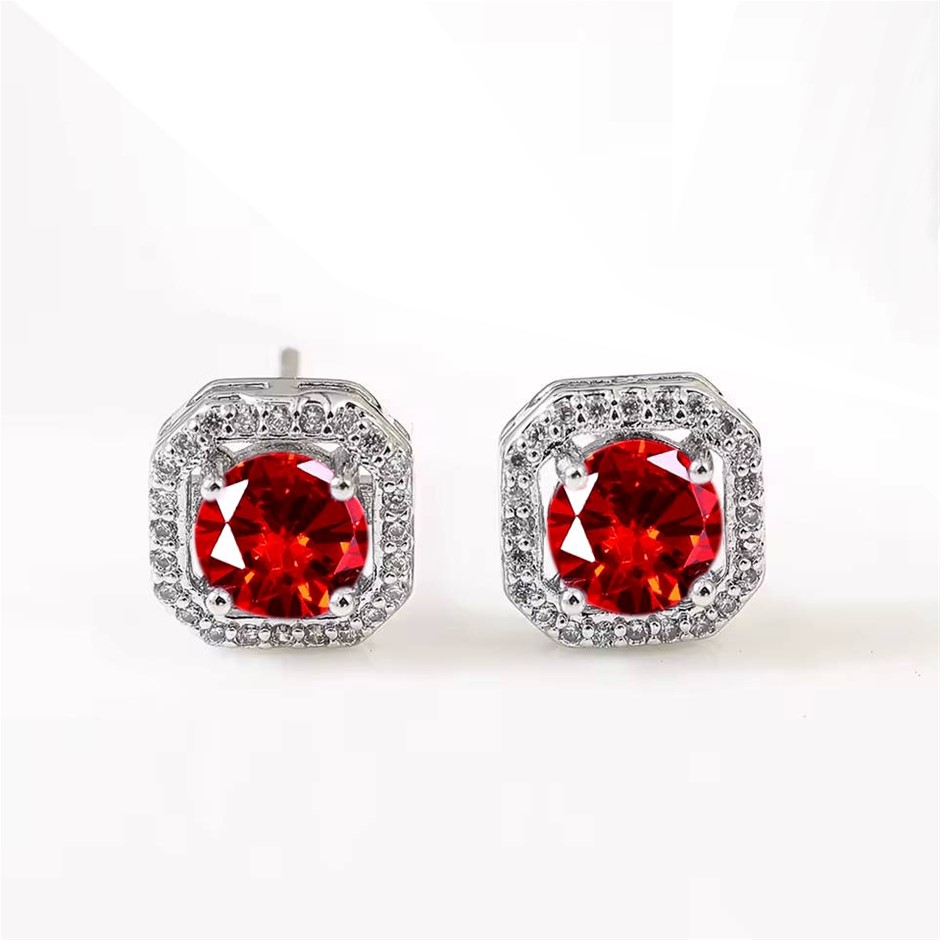 Designer Red & Simulated Diamond Square Stud Earrings in Silver