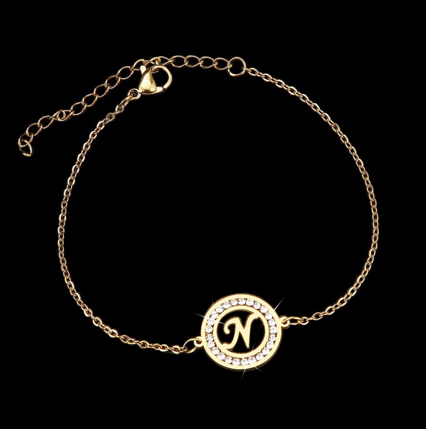 Stainless Steel Initial 'N' Bracelet with Simulated Diamonds - Yellow