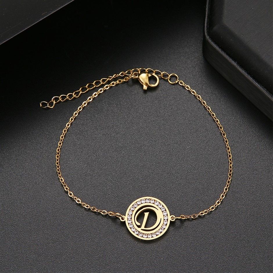 Stainless Steel Initial 'D' Bracelet with Simulated Diamonds - Yellow