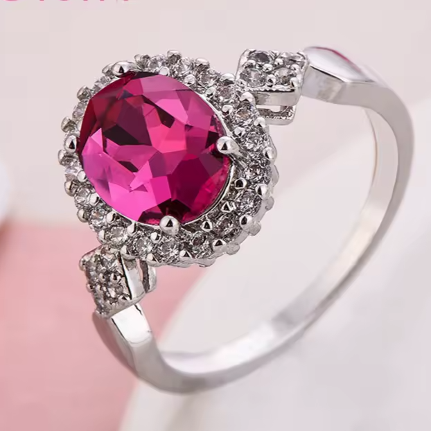 Designer Simulated Diamond Pink Statement Oval Ring in Silver - US Size 10