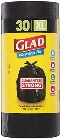6 x GLAD 30pk Wavetop Tie Garbage Bags, 100cm x 78cm Size XL, Black. N.B: N
