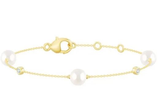 9K YELLOW GOLD 0.07ct FVS LAB DIAMOND FW PEARL BRACELET 17-19cm