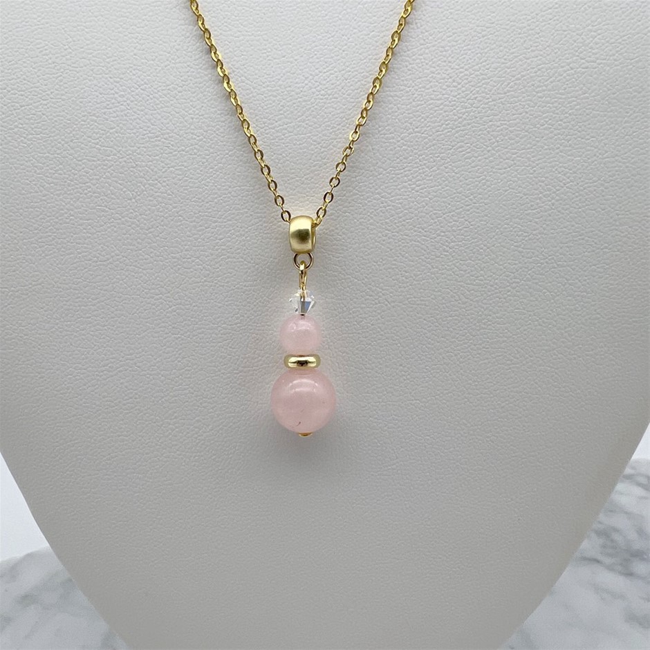 Rose Quartz & Swarovski Austrian Crystal Gold Plated Pendant Necklace