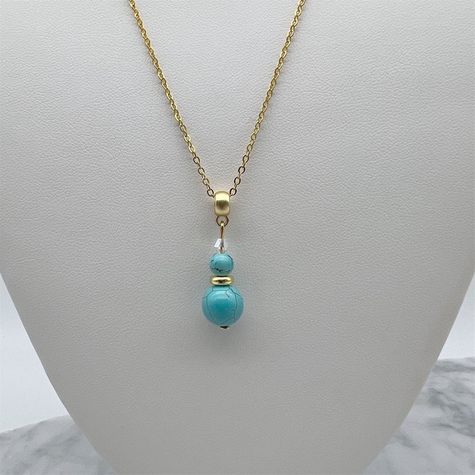 Synthetic Turquoise & Swarovski Austrian Crystal Gold Plated Necklace