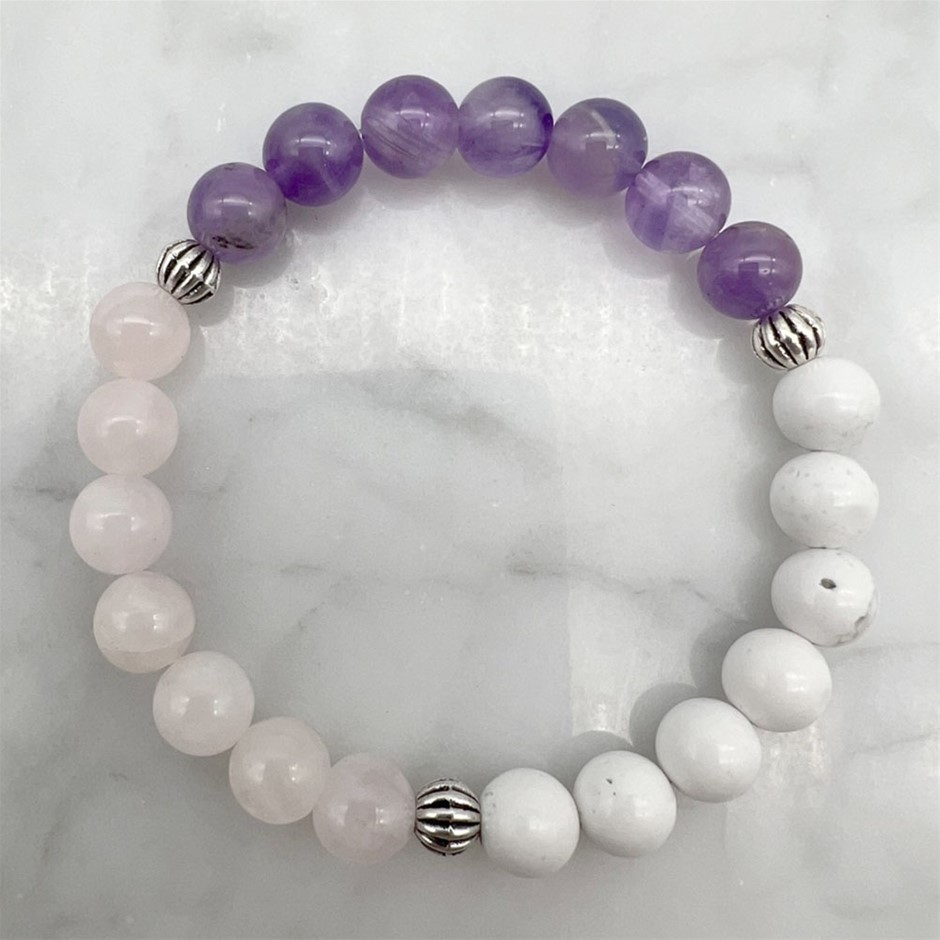 Amethyst, Rose Quartz & Howlite Stretch Beaded Bracelet