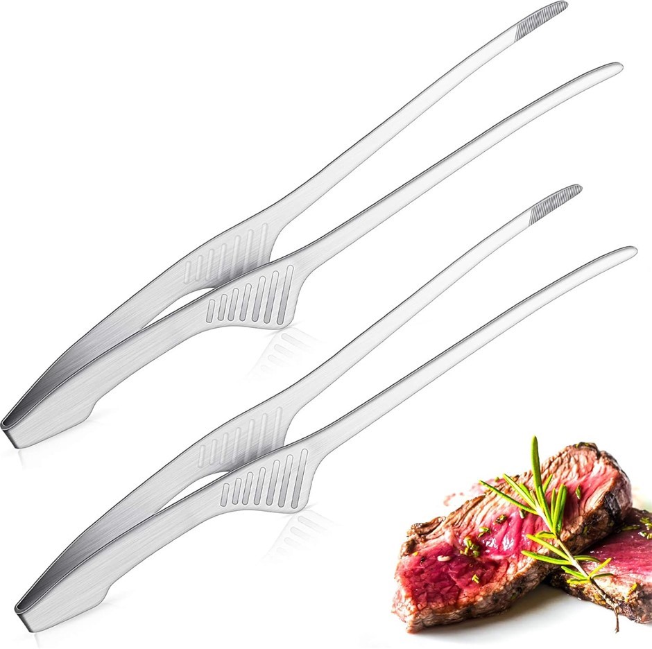 PATELAI Korean/Japanese Stainless Steel BBQ Tongs, Non-Slip (2-Pack)
