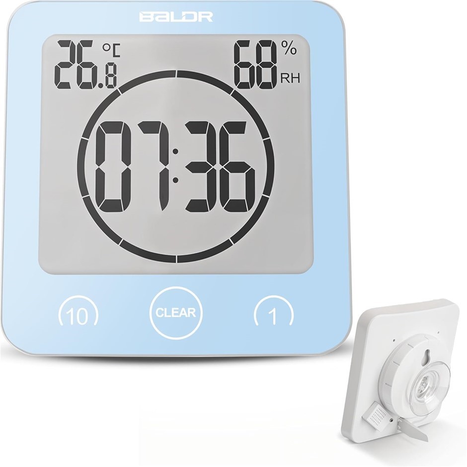 2 x BALDR Digital Shower Clock with Timer, Blue.