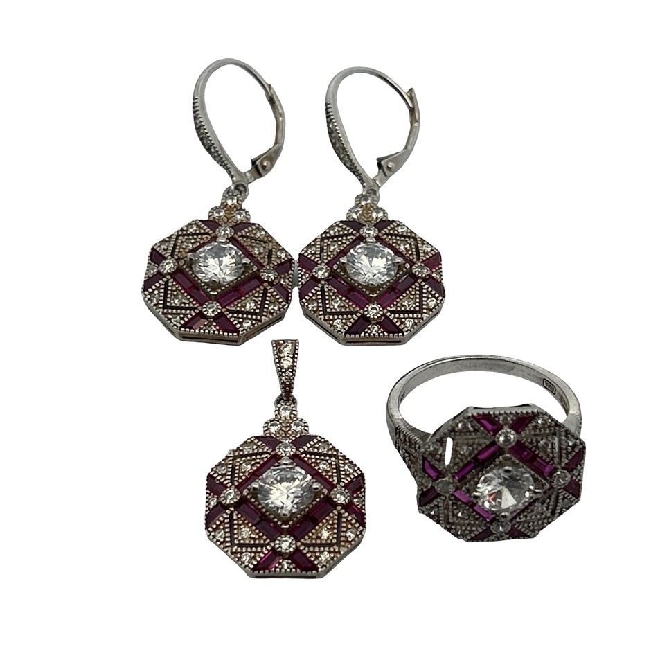 Art Deco Style Sterling Silver Red/White Stone Ring