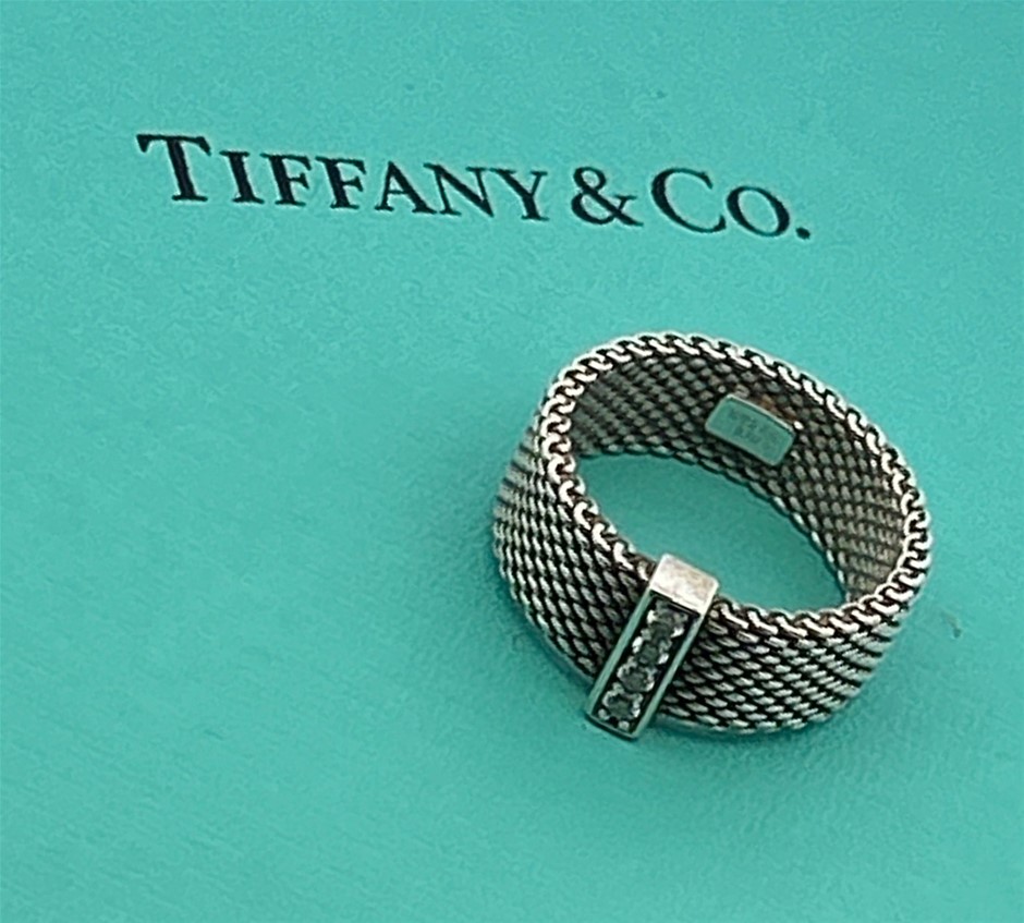 TIFFANY & CO Three Diamond Sterling Silver Mesh Ring