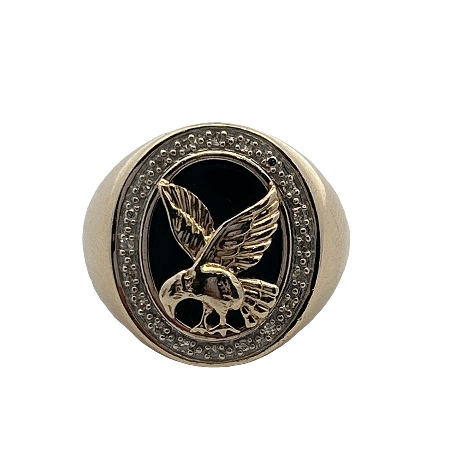 9ct Yellow Gold 0.10ct Diamond & Black Onyx Eagle Ring