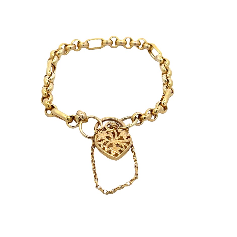 9ct Gold 3-in-1 Belcher Link Bracelet w/ Heart Locket & Safety Chain