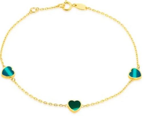 9K Yellow Gold MALACHITE HEART Bracelet 19cm