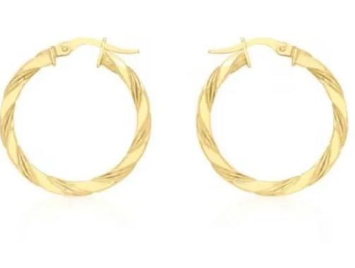 9K Yellow Gold FLAT TWIST HOOPS 25mm