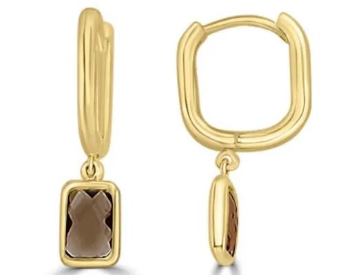 9K Yellow Gold FACETED SMOKY QTZ HUGGIE EARRINGS