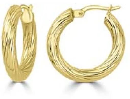 9K Yellow Gold TEXTURED HOLLOW HOOPS 15mm