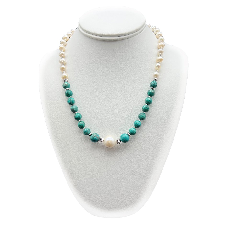 Large Central 13mm White Pearl, African Jasper 'Turquoise' Necklace