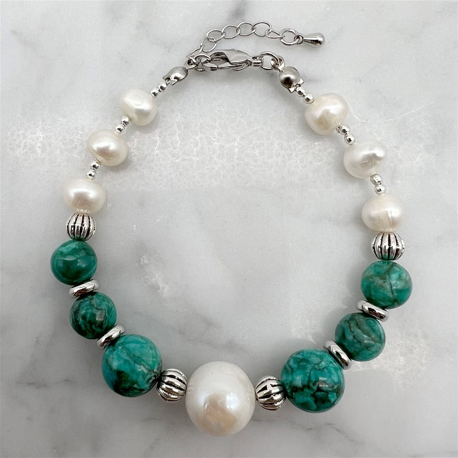 Large Central 13mm White Pearl, African Jasper 'Turquoise' Bracelet.