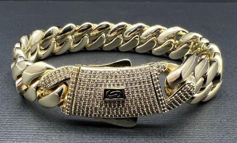 18K/Italy Triple Solid Yellow Gold Plated Cuban Bracelet -22.8cm-14mm