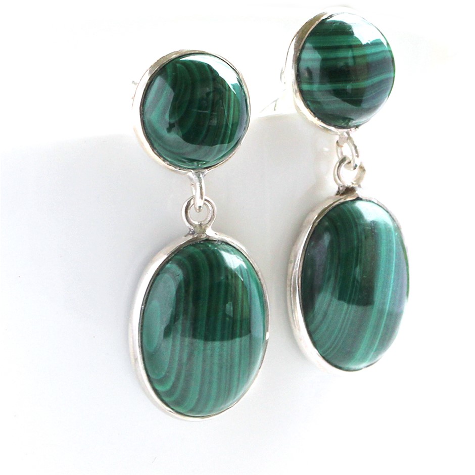 Beautiful Handcrafted 24 Cts Malachite Drop 925 Silver Gemstone Earrings